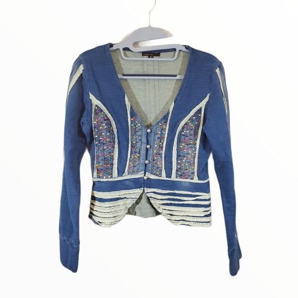 Freda Five Beaded Stretch Denim Boho Art to Wear Distressed Jacket - Picture 2 of 10